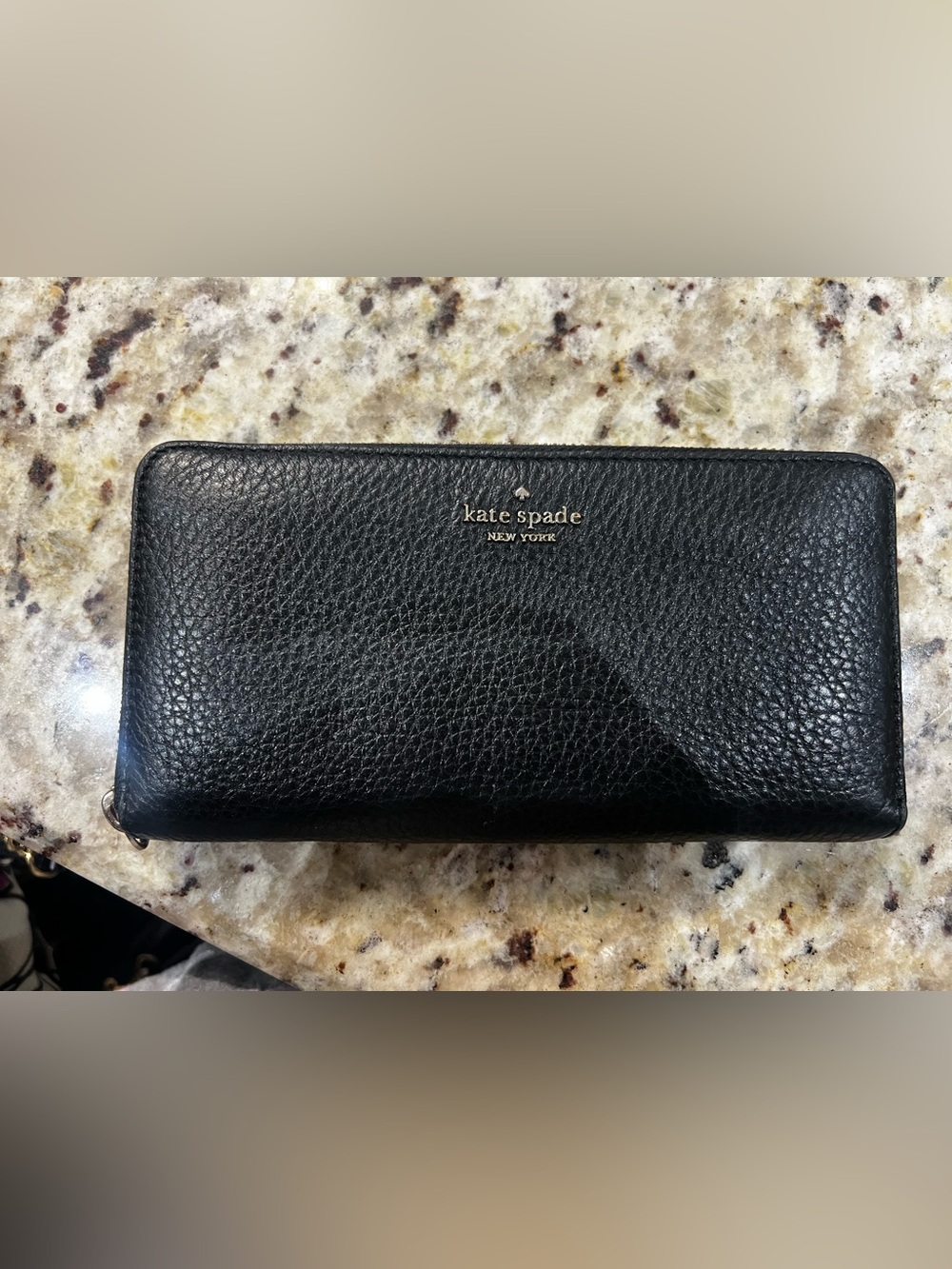 kate spade Black Pebbled Leather Continental Wallet with Gold Logo